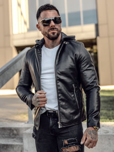 Men's Leather Biker Jacket with Hood Black Bolf 11Z8012