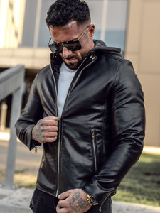 Men's Leather Biker Jacket with Hood Black Bolf 11Z8012