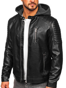 Men's Leather Biker Jacket with Hood Black Bolf 11Z8018