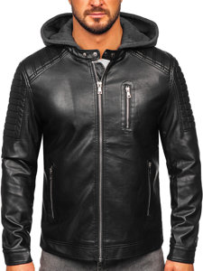 Men's Leather Biker Jacket with Hood Black Bolf 11Z8018