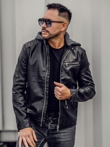 Men's Leather Biker Jacket with hood Black Bolf 11Z8022