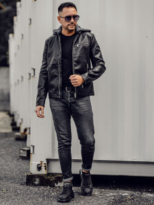 Men's Leather Biker Jacket with hood Black Bolf 11Z8022