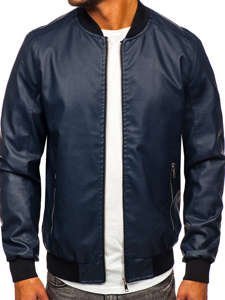 Men's Leather Bomber Jacket Navy Blue Bolf 1147