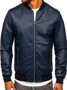 Men's Leather Bomber Jacket Navy Blue Bolf 1147