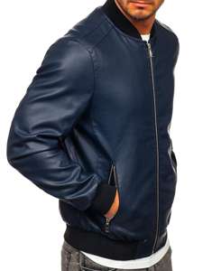 Men's Leather Bomber Jacket Navy Blue Bolf 1147