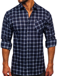 Men's Long Sleeve Chckered Flannel Shirt Navy Blue Bolf F7