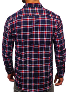 Men's Long Sleeve Chckered Flannel Shirt Navy Blue-Red Bolf F7