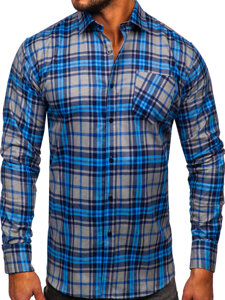 Men's Long Sleeve Checkered Flannel Shirt Blue Bolf F1