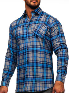 Men's Long Sleeve Checkered Flannel Shirt Blue Bolf F1