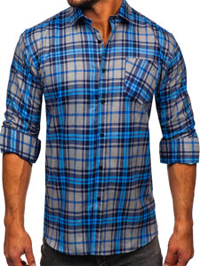 Men's Long Sleeve Checkered Flannel Shirt Blue Bolf F1