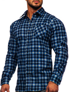 Men's Long Sleeve Checkered Flannel Shirt Blue-Yellow Bolf F4