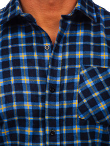 Men's Long Sleeve Checkered Flannel Shirt Blue-Yellow Bolf F4