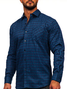 Men's Long Sleeve Checkered Flannel Shirt Navy Blue Bolf F4