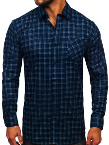 Men's Long Sleeve Checkered Flannel Shirt Navy Blue Bolf F6