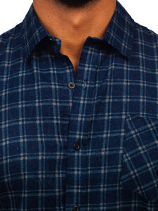 Men's Long Sleeve Checkered Flannel Shirt Navy Blue Bolf F6