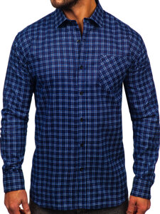 Men's Long Sleeve Checkered Flannel Shirt Navy Blue-White Bolf F4