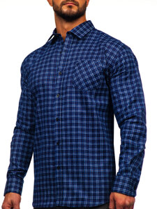 Men's Long Sleeve Checkered Flannel Shirt Navy Blue-White Bolf F4