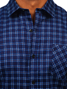 Men's Long Sleeve Checkered Flannel Shirt Navy Blue-White Bolf F4