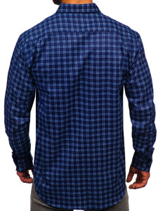 Men's Long Sleeve Checkered Flannel Shirt Navy Blue-White Bolf F4