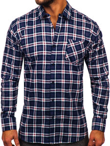 Men's Long Sleeve Checkered Flannel Shirt Navy Blue-White Bolf F6