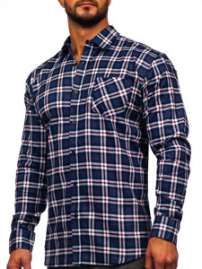 Men's Long Sleeve Checkered Flannel Shirt Navy Blue-White Bolf F6