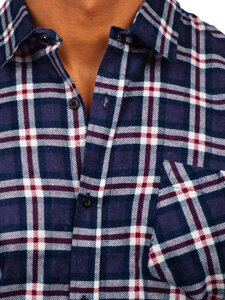 Men's Long Sleeve Checkered Flannel Shirt Navy Blue-White Bolf F6