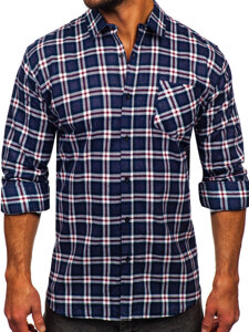 Men's Long Sleeve Checkered Flannel Shirt Navy Blue-White Bolf F6