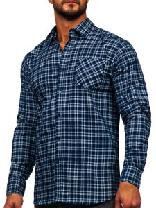 Men's Long Sleeve Checkered Flannel Shirt White-Navy Blue Bolf F7