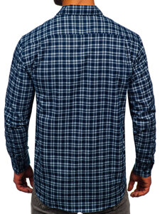 Men's Long Sleeve Checkered Flannel Shirt White-Navy Blue Bolf F7