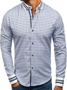 Men's Long Sleeve Checkered Shirt Blue Bolf 8808