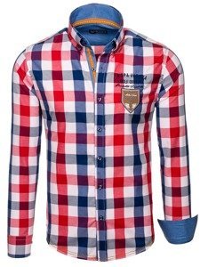 Men's Long Sleeve Checkered Shirt Red Bolf 1766-1