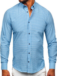 Men's Long Sleeve Checkered Shirt Sky Blue Bolf 22745