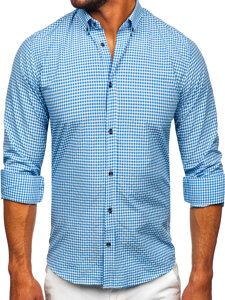 Men's Long Sleeve Checkered Shirt Sky Blue Bolf 22745