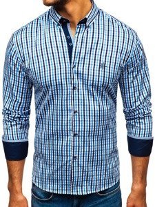 Men's Long Sleeve Checkered Vichy Shirt Sky Blue Bolf 4712