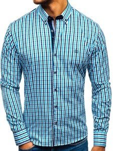 Men's Long Sleeve Checkered Vichy Shirt Turquoise Bolf 4712