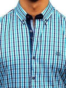 Men's Long Sleeve Checkered Vichy Shirt Turquoise Bolf 4712