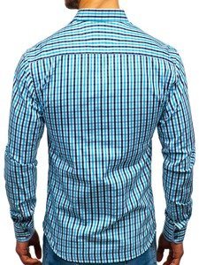 Men's Long Sleeve Checkered Vichy Shirt Turquoise Bolf 4712