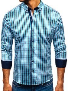 Men's Long Sleeve Checkered Vichy Shirt Turquoise Bolf 4712