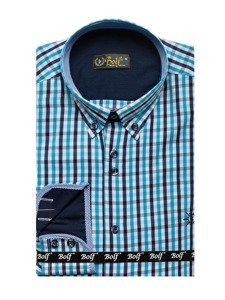 Men's Long Sleeve Checkered Vichy Shirt Turquoise Bolf 4712