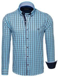 Men's Long Sleeve Checkered Vichy Shirt Turquoise Bolf 4712