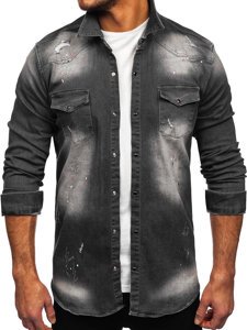 Men's Long Sleeve Denim Shirt Graphite Bolf R710