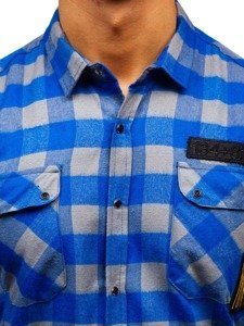 Men's Long Sleeve Flannel Shirt Blue-Grey Bolf 2503