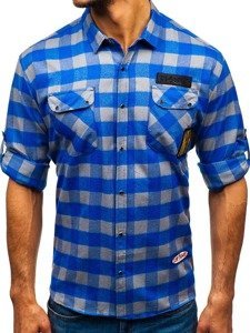 Men's Long Sleeve Flannel Shirt Blue-Grey Bolf 2503