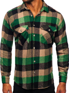 Men's Long Sleeve Flannel Shirt Green Bolf 20723