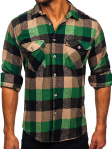 Men's Long Sleeve Flannel Shirt Green Bolf 20723