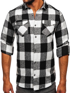 Men's Long Sleeve Flannel Shirt White-Black Bolf 20723