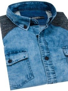 Men's Long Sleeve Patterned Denim Shirt Blue Bolf 0517