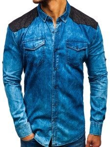 Men's Long Sleeve Patterned Denim Shirt Blue Bolf 0517