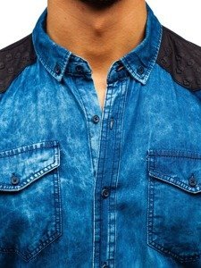 Men's Long Sleeve Patterned Denim Shirt Blue Bolf 0517