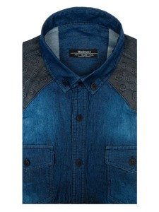 Men's Long Sleeve Patterned Denim Shirt Navy Blue Bolf 0517